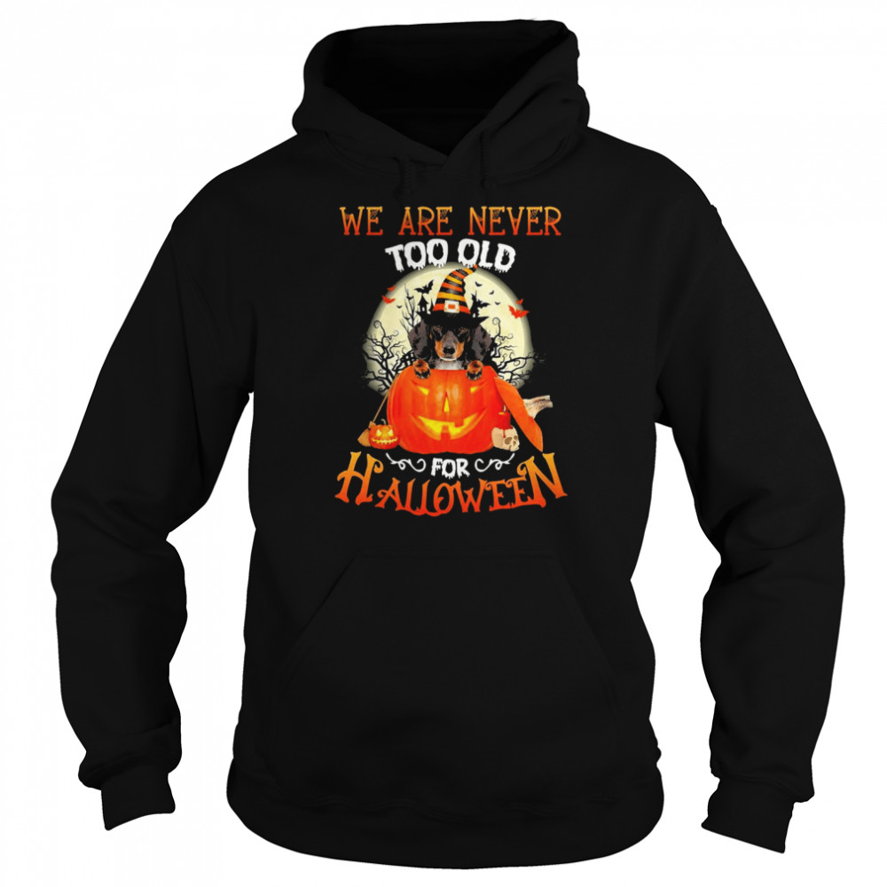Dachshund Witch We Are Never Too Old For Halloween 2022 Shirt Unisex Hoodie