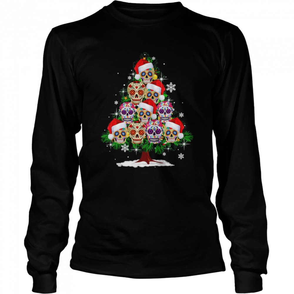 Christmas Tree Mexican Flower Sugar Skull Santa Merry Christmas 2022 T Long Sleeved T Shirt
