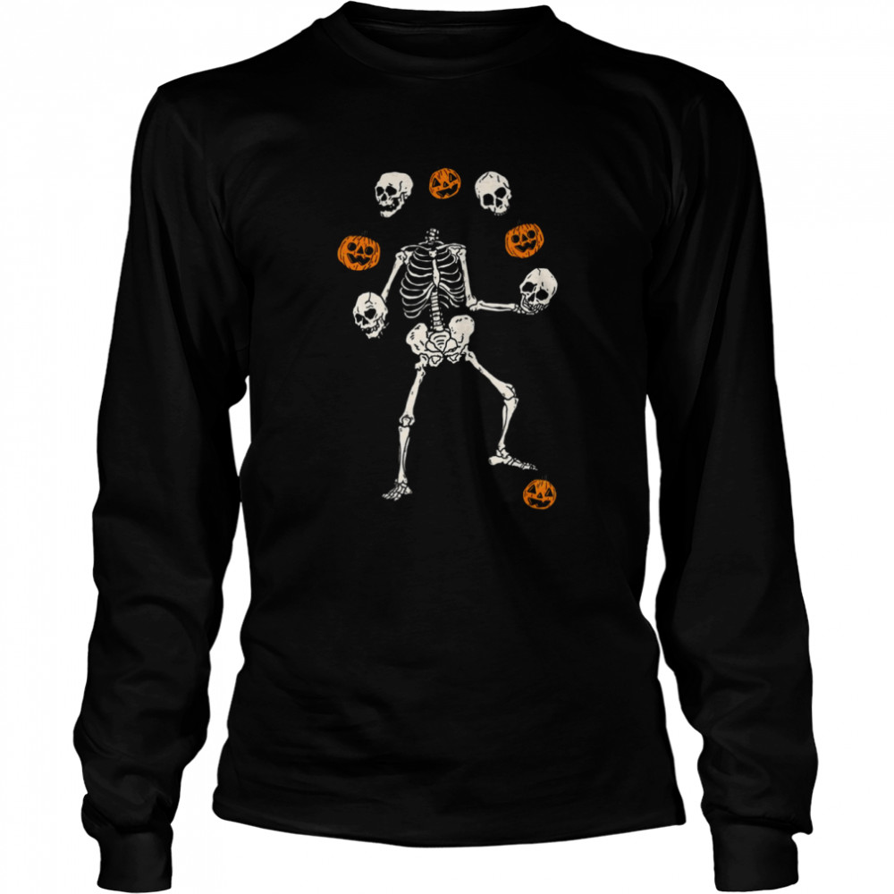 Play With Me Stay Spooky Juggling Skeleton Pumpkins And Skeleton Halloween Shirt Long Sleeved T Shirt
