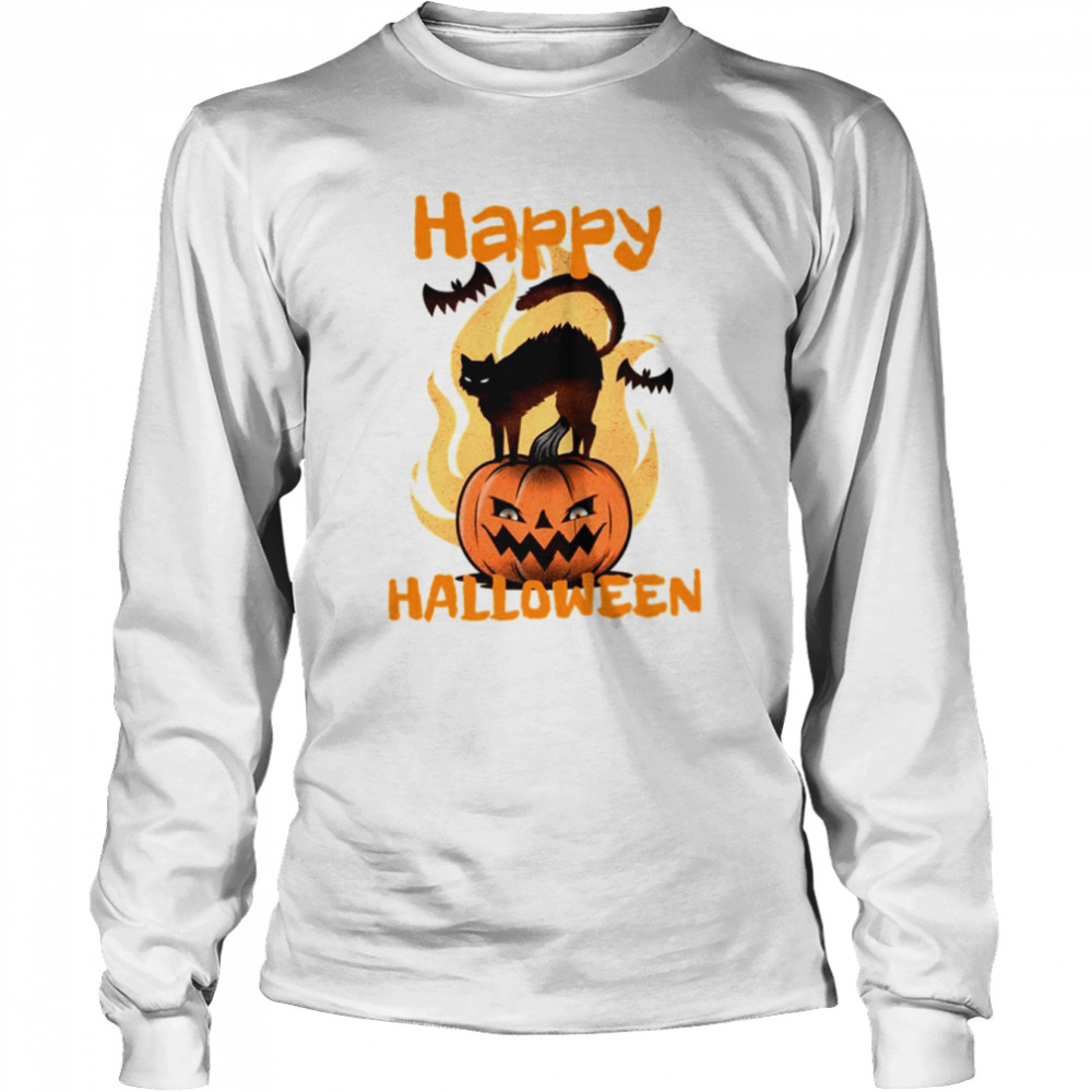Scary Black Cat Halloween Spooky Night shirt Long Sleeved T-shirt