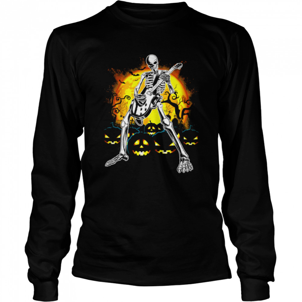 Happy Halloween Funny Skeleton Playing Guitar Pumpkin Vibes Shirt Long Sleeved T Shirt