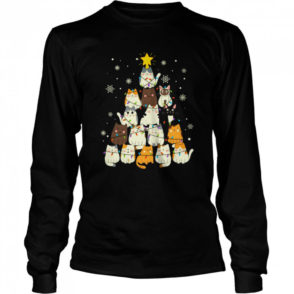 Meow Christmas Tree Cats Funny shirt Long Sleeved T-shirt