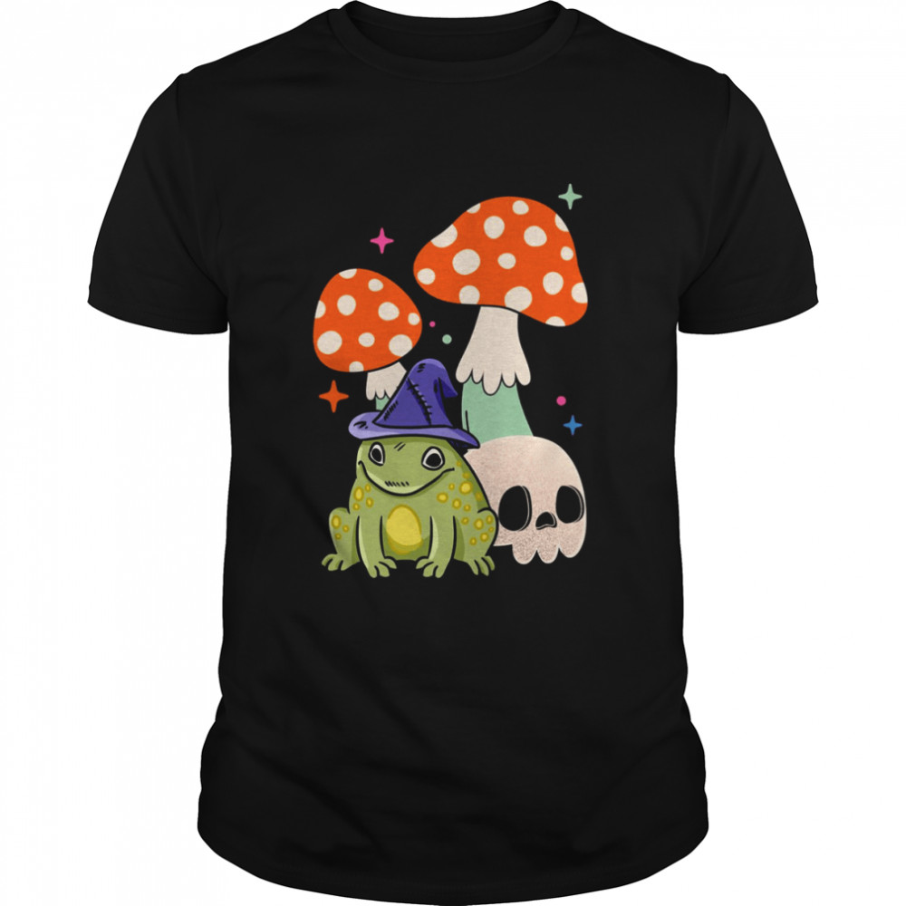 Cute Witchy Frog Cottagecore Frog Wizard Frog With Mushroom And Skull Witchcraft Halloween shirt