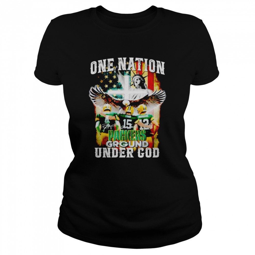 Green Bay Packers Favre And Starr And Rodgers One Nation Under God Signatures Shirt Classic Womens T Shirt