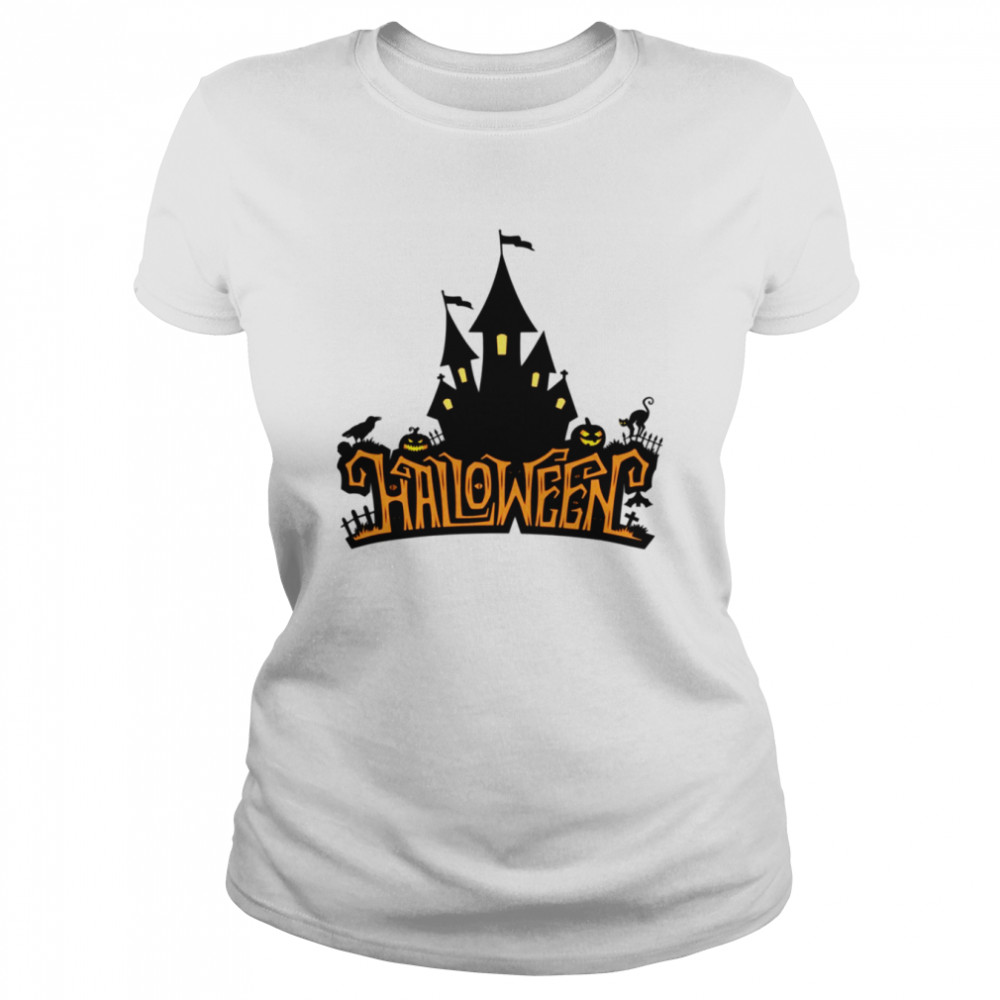 Spooky Halloween Lettering With Castle Shirt Classic Womens T Shirt