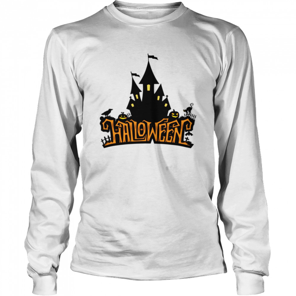 Spooky Halloween Lettering With Castle Shirt Long Sleeved T-Shirt