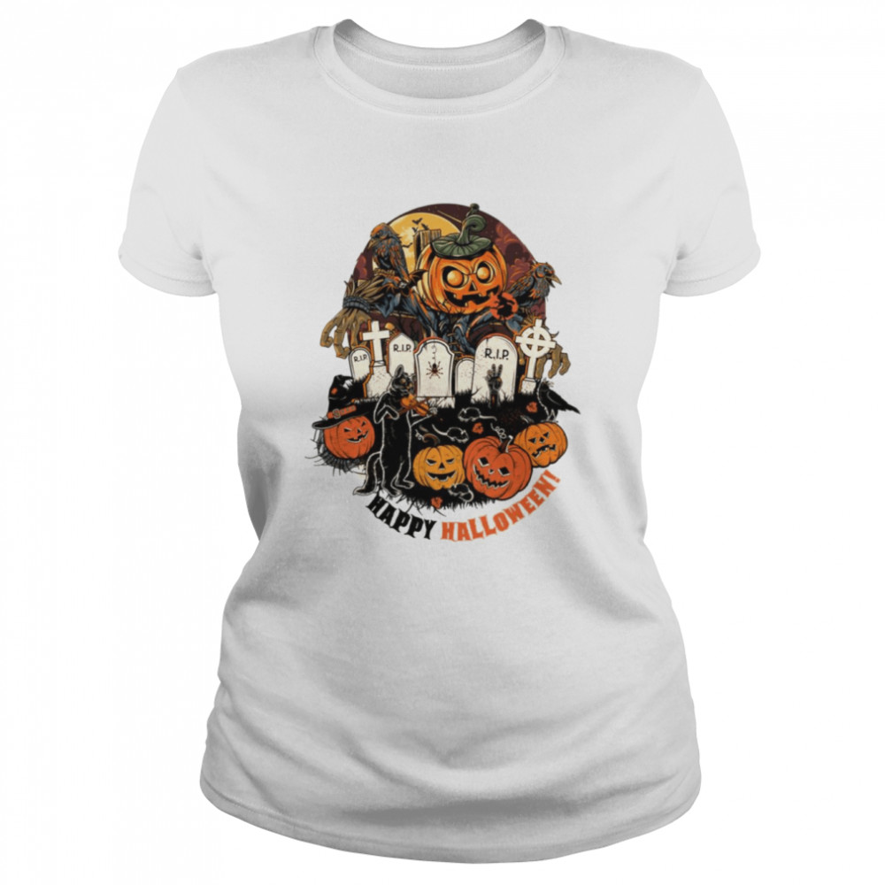 Black Cat Is Waiting For You Halloween Pumpkin Shirt Classic Womens T Shirt