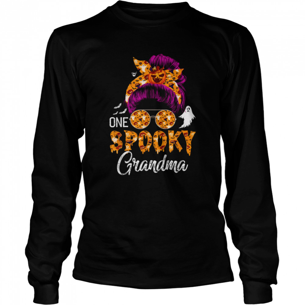 Messy Bun Mom Monster Bleached One Spooky Grandma Halloween T Long Sleeved T Shirt