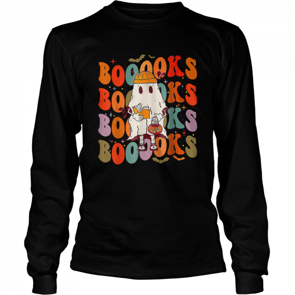 Booooks Groovy Cute Ghost Book Retro Reading Halloween T Long Sleeved T Shirt
