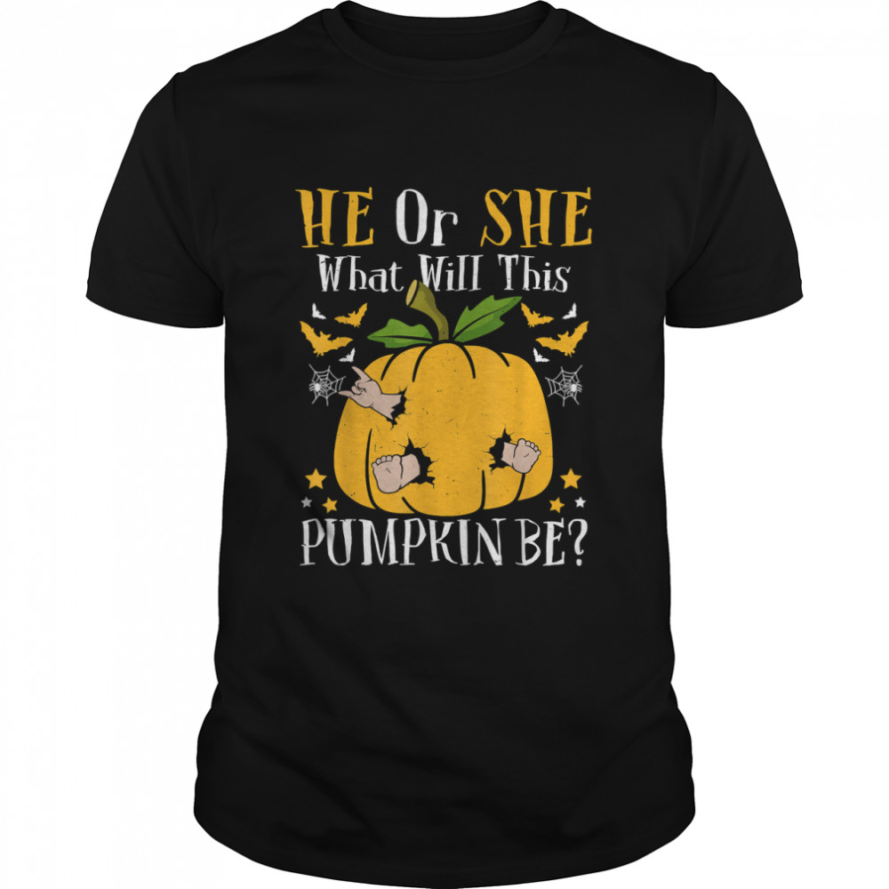 He or She What Will This Pumpkin Be Halloween Gender Reveal T-Shirt