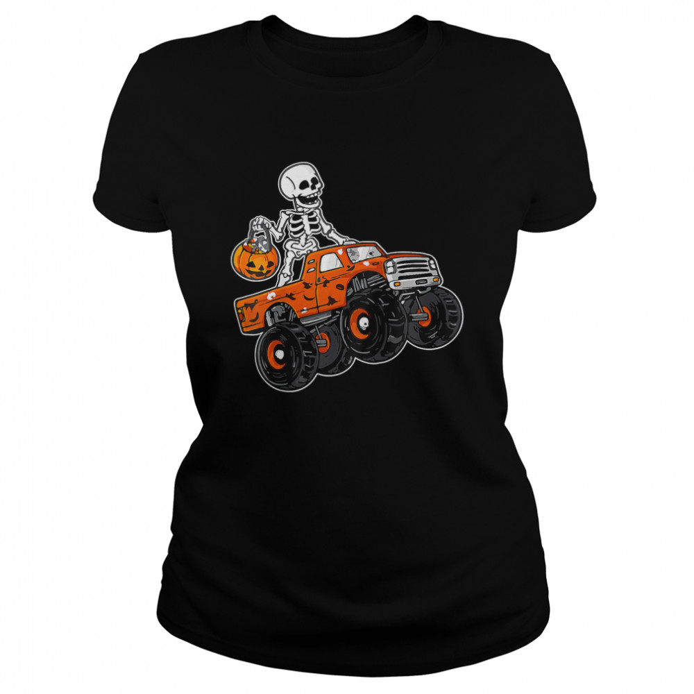 Kids Skeleton Riding Monster Truck Lazy Halloween Costume Pumpkin T Classic Womens T Shirt