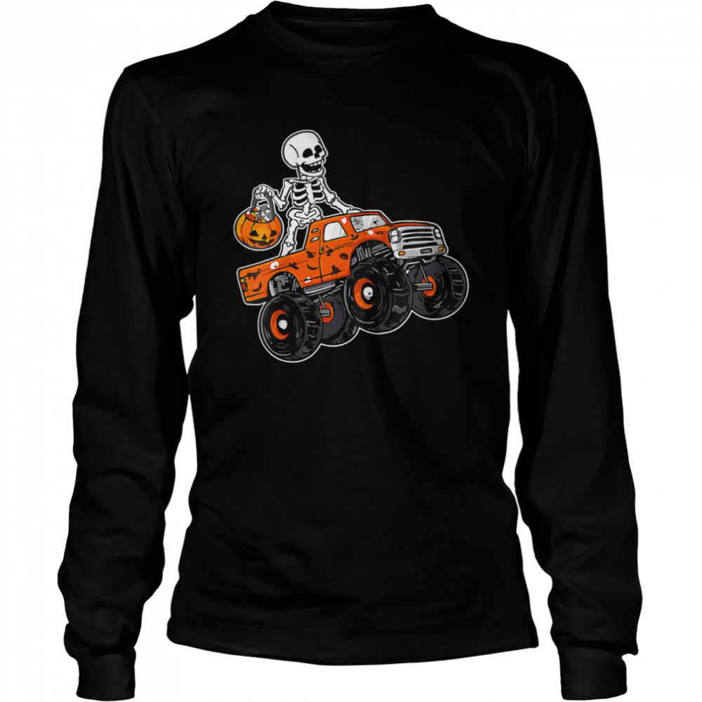 Kids Skeleton Riding Monster Truck Lazy Halloween Costume Pumpkin T Long Sleeved T Shirt