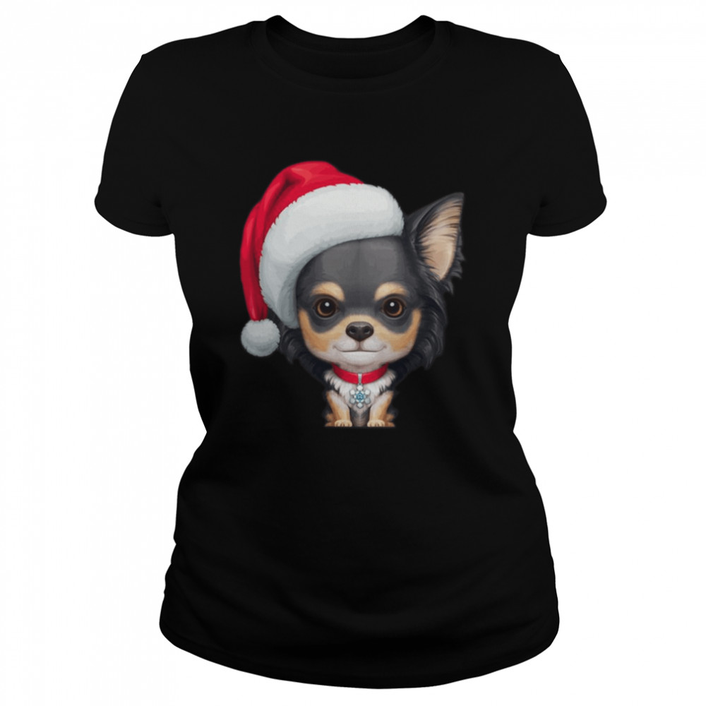 Long Coat Tricolor Chihuahua Dog Wearing Santa Hat Shirt Classic Women'S T-Shirt