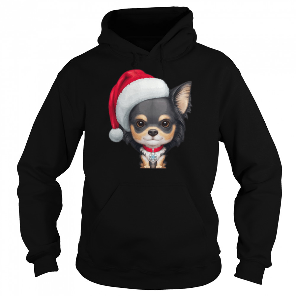 Long Coat Tricolor Chihuahua Dog Wearing Santa Hat Shirt Unisex Hoodie