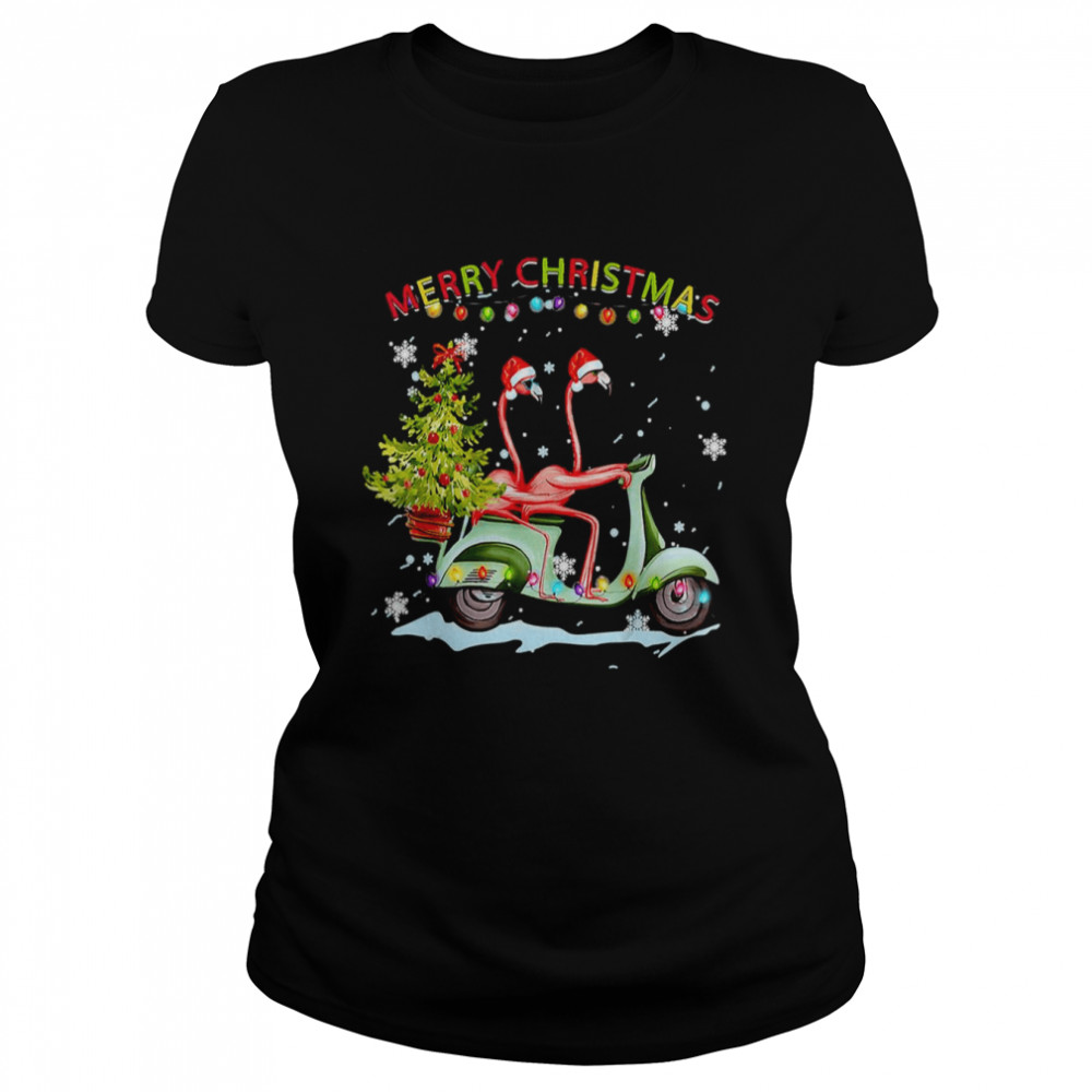 Flamingo Santa Hat Xmas Light Motobike Christmas Shirt Classic Womens T Shirt