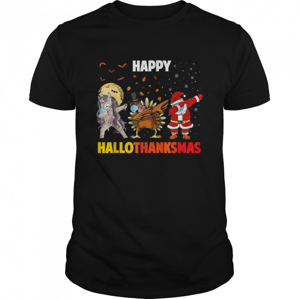 Happy Hallothanksmas Dabbing Unicorn Turkey Santa Claus Funny Thanksgiving T-Shirt