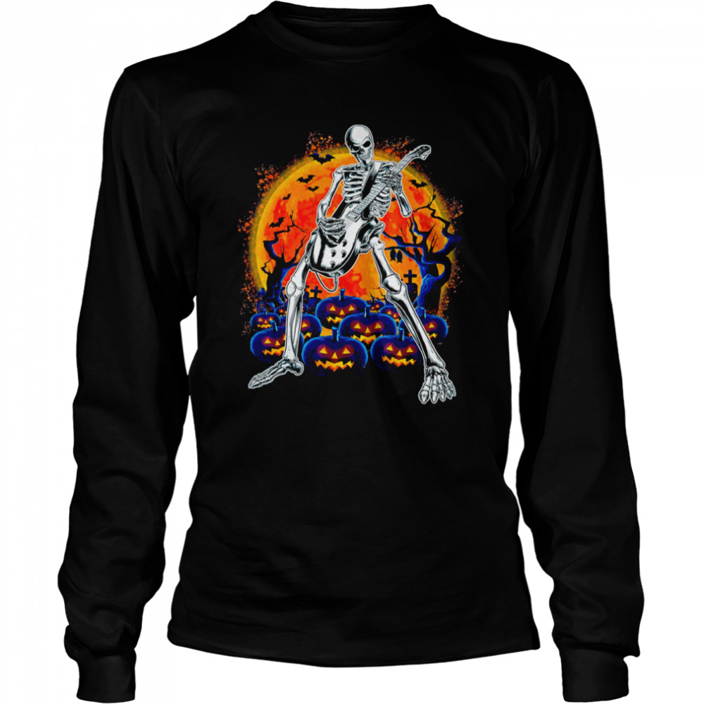 Happy Skeleton Guitar Spooky Halloween Rock Band Concert T-Shirt Long Sleeved T-Shirt