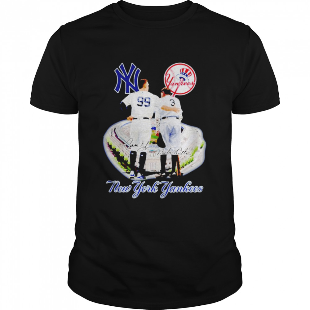 New York Yankees Babe Ruth and Aaron Judge signatures shirt