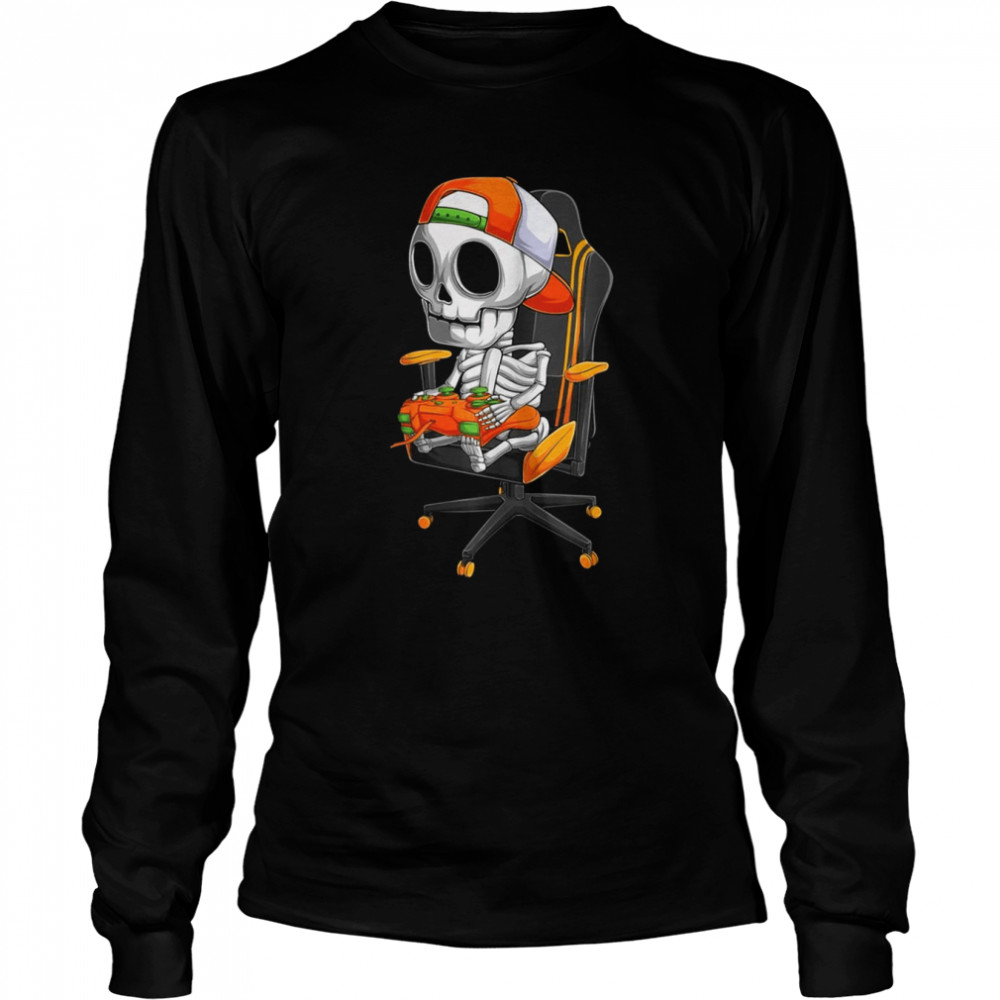 Skeleton Gamer Video Gaming Boys Kidsns Halloween shirt Long Sleeved T-shirt