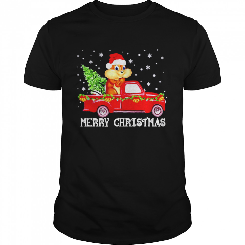 Nice merry Christmas chipmunk truck tree Xmas shirt