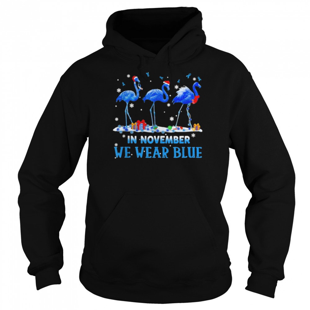 santa flamingo in november we wear blue merry christmas shirt unisex hoodie
