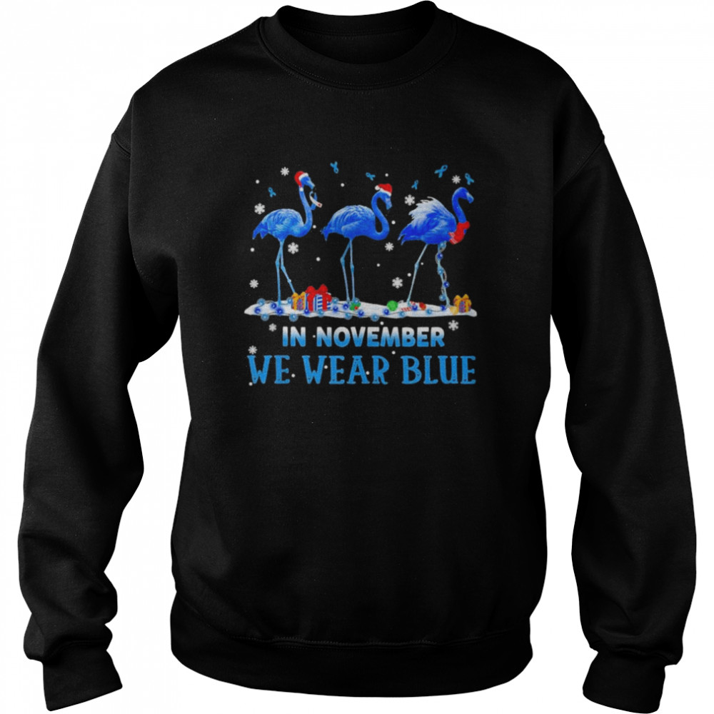 Santa Flamingo in november we wear Blue Merry Christmas shirt Unisex Sweatshirt